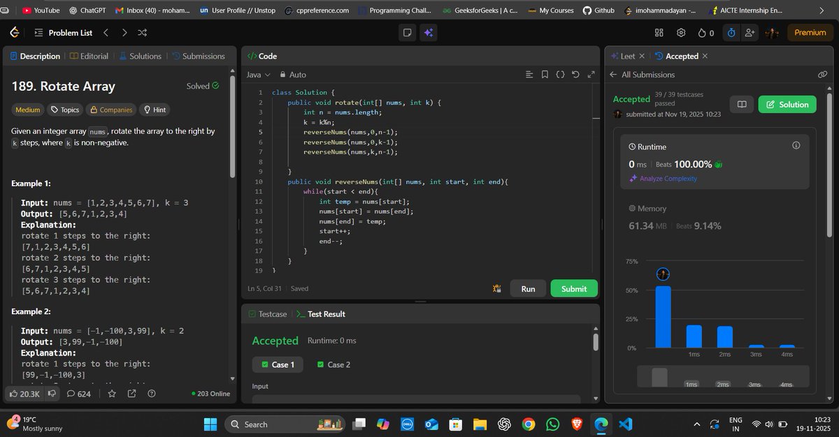 imohammadayan's tweet photo. Day 14 ✅ LeetCode DSA Journey

Solved: #189 Rotate Array
🔹 Topic: Arrays / Two Pointers
🔹 Trick: Reverse → Reverse → Reverse
✨ Key Takeaway: Rotation becomes easy when you flip the perspective 🚀

#LeetCode #DSA #100DaysOfCode https://t.co/k4ndAsVqHx