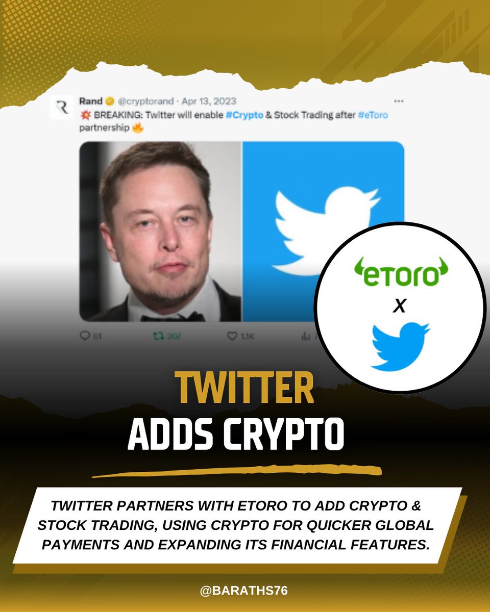 BarathS76's tweet photo. Twitter x eToro = Crypto & stock trading inside Twitter! 🚀
Finance just became social.
#TwitterCrypto #Web3 #Crypto https://t.co/Jt5fxnkYNV