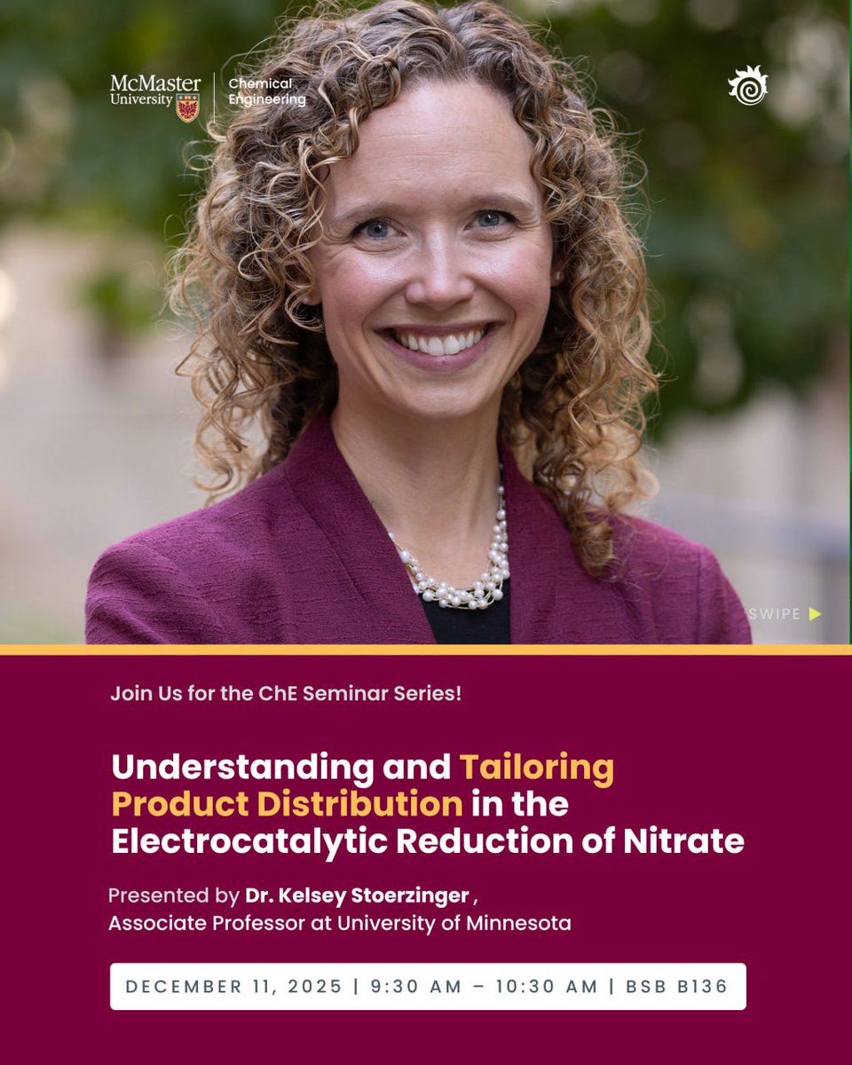 Mac_ChemEng's tweet image. ⚛️ Seminar: Electrocatalytic Nitrate Reduction Speaker: Dr. Kelsey Stoerzinger (@UMNews)

🕤 9:30AM | BSB B136

#Electrocatalysis #CleanWater #McMasterEngineering