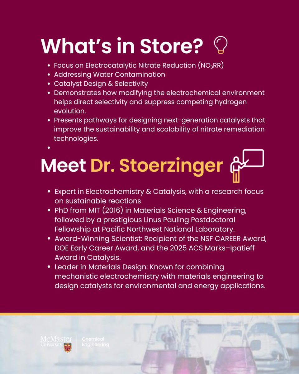 Mac_ChemEng's tweet image. ⚛️ Seminar: Electrocatalytic Nitrate Reduction Speaker: Dr. Kelsey Stoerzinger (@UMNews)

🕤 9:30AM | BSB B136

#Electrocatalysis #CleanWater #McMasterEngineering