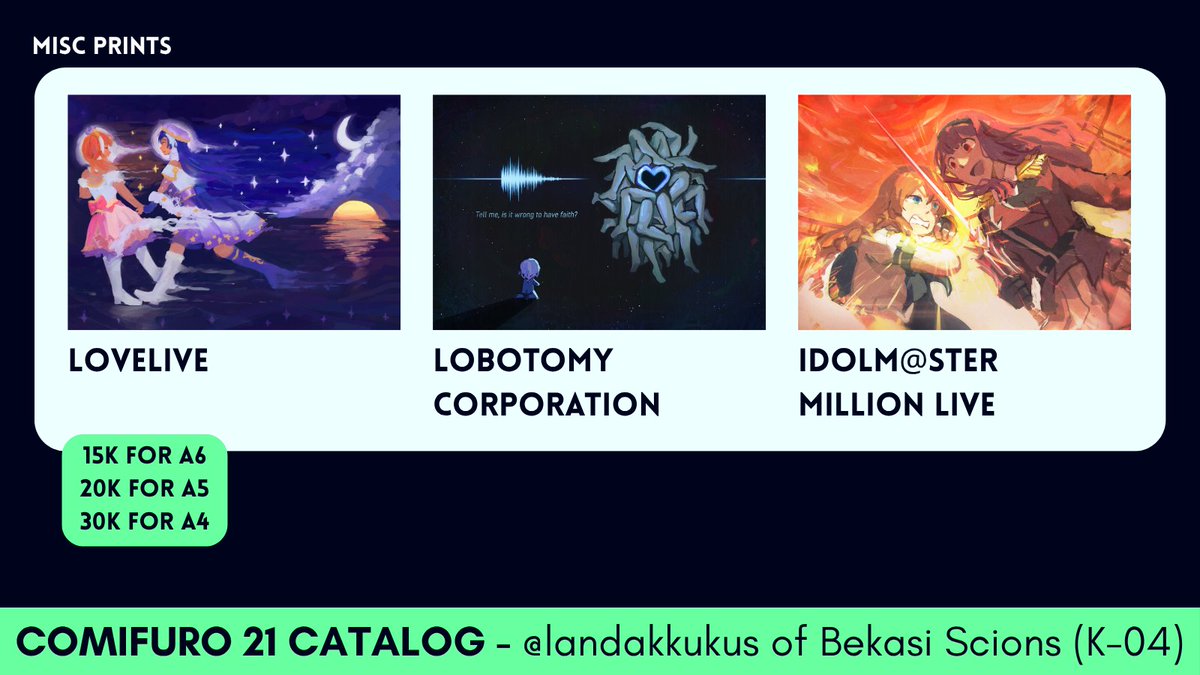 landakkukus's tweet image. [❤️ &amp;amp; 🔁 appreciated!]

Haiiii I&apos;m opening post-CF21 Mail Order!

🦔 Project Moon (Lobotomy Corporation and Limbus Company), LoveLive, iDOLM@STER Million Live, Danganronpa, Ave Mujica 

🔗 bit.ly/suiCF21Mail
#cf21