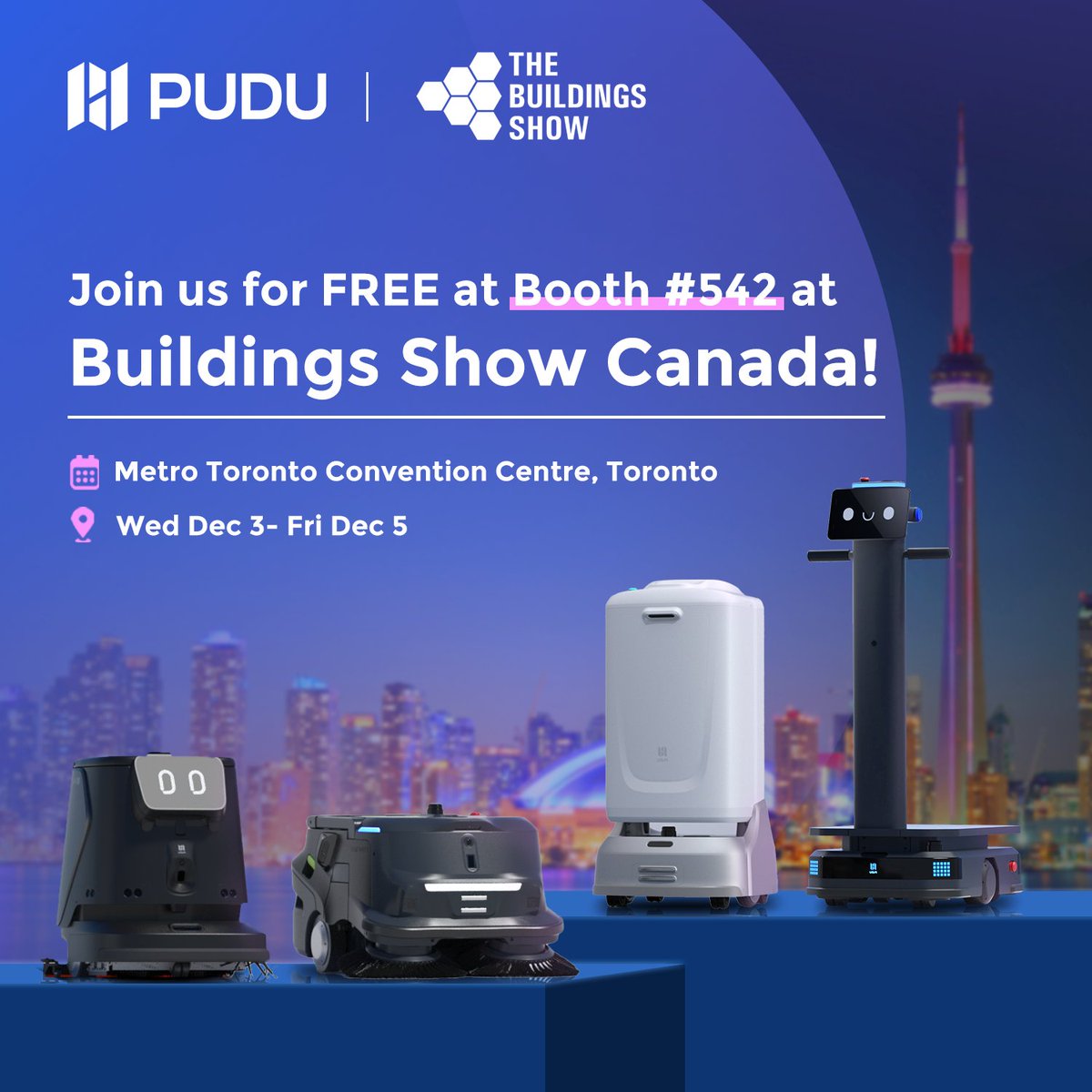 PuduRobotics's tweet image. 📢 Pudu Robotics is making its premiere at The Buildings Canada 𝐒𝐡𝐨𝐰 𝟐𝟎𝟐𝟓!

Below, register a FREE show badge for Booth #542 and get hands-on demos of our top elevator-compatible #cleaning and #delivery robots. See how our smart automation is accelerating efficient…