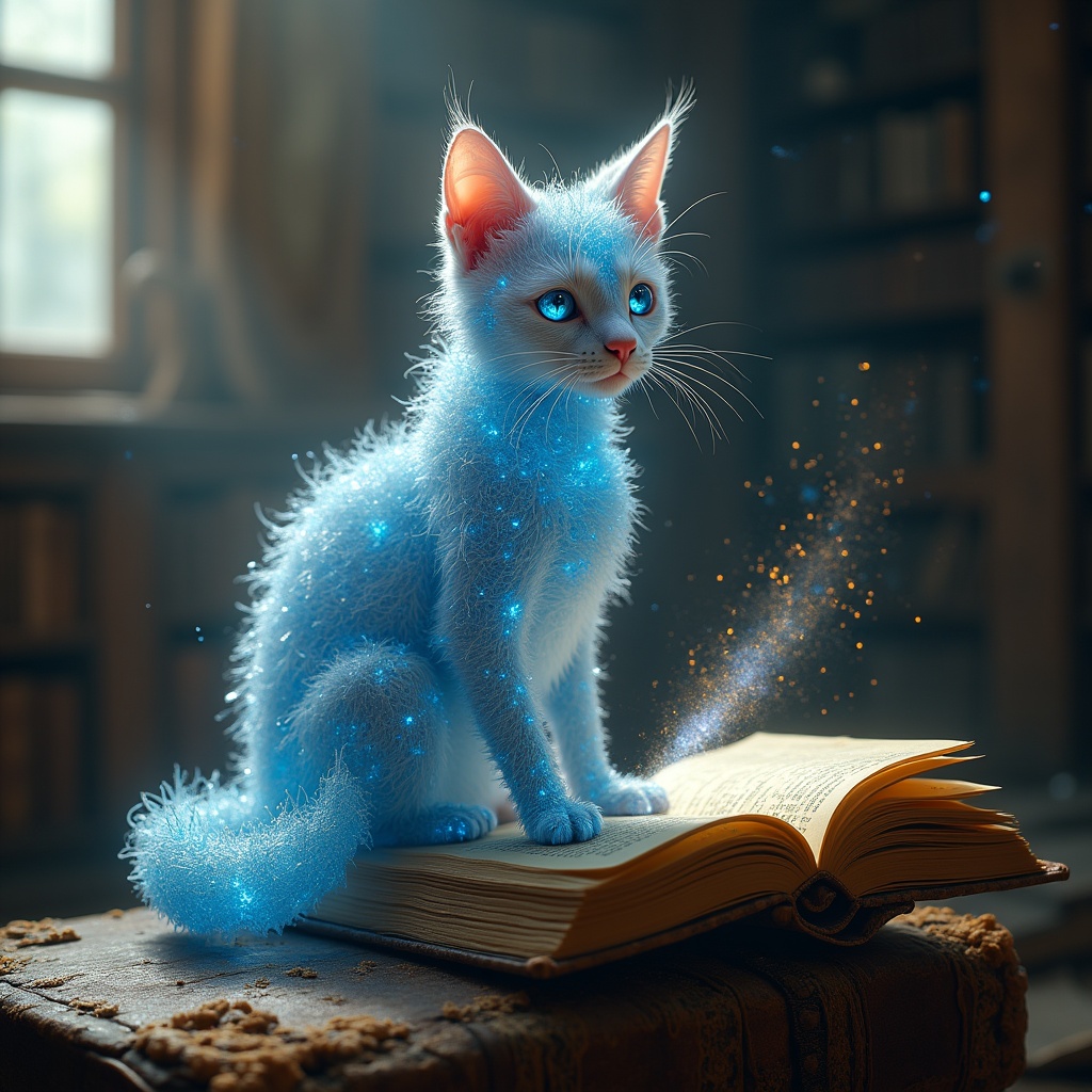 Imagen24_'s tweet image. Ethereal crystal cat in a sun-drenched library.-Comment For full Prompt
#AIImage #ImagePrompt #FantasyArt #AI