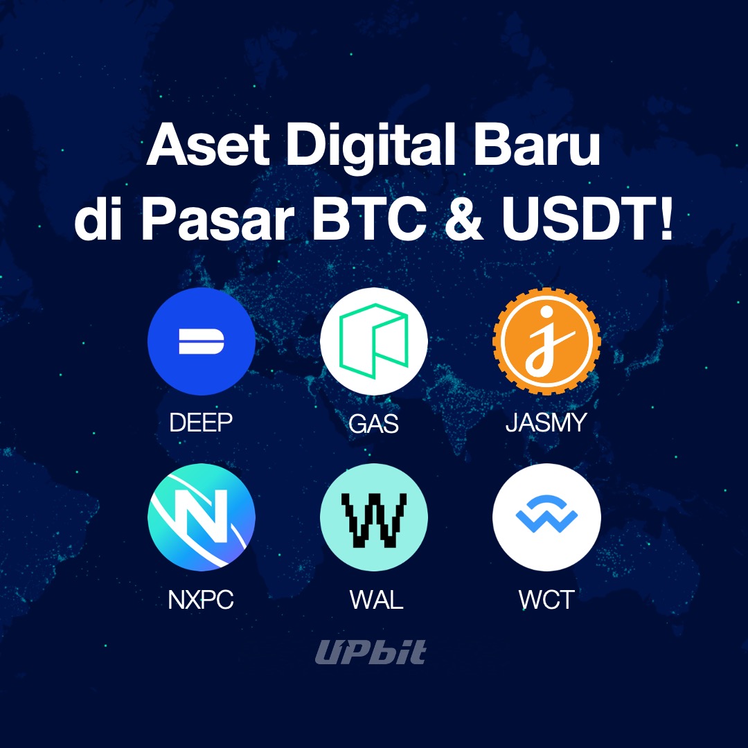 UpbitID's tweet image. Mulai 19 Nov 2025, Upbit akan menambahkan DEEP, GAS, JASMY, NXPC, WAL &amp;amp; WCT di pasar BTC dan USDT.

Informasi lebih lanjut mengenai beberapa aset digital tersebut, silakan klik tautan berikut : upbit-global.onelink.me/7wDf/2w7p39ry

Upbit Indonesia berizin dan diawasi oleh Otoritas Jasa…