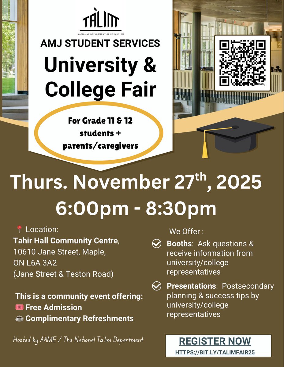 TalimCanada's tweet image. 🧑‍🎓 Student Services Fair  

Meet Ontario's top universities &amp;amp; colleges.

🗓️ November 27, 2025
🕕 6PM
📍 Tahir Hall, Vaughan, ON

Complete list of universities and colleges and Registration at talim.ca/university-and…

For Grade 11 &amp;amp; 12 Students (boys &amp;amp; girls), parents, and guests.
