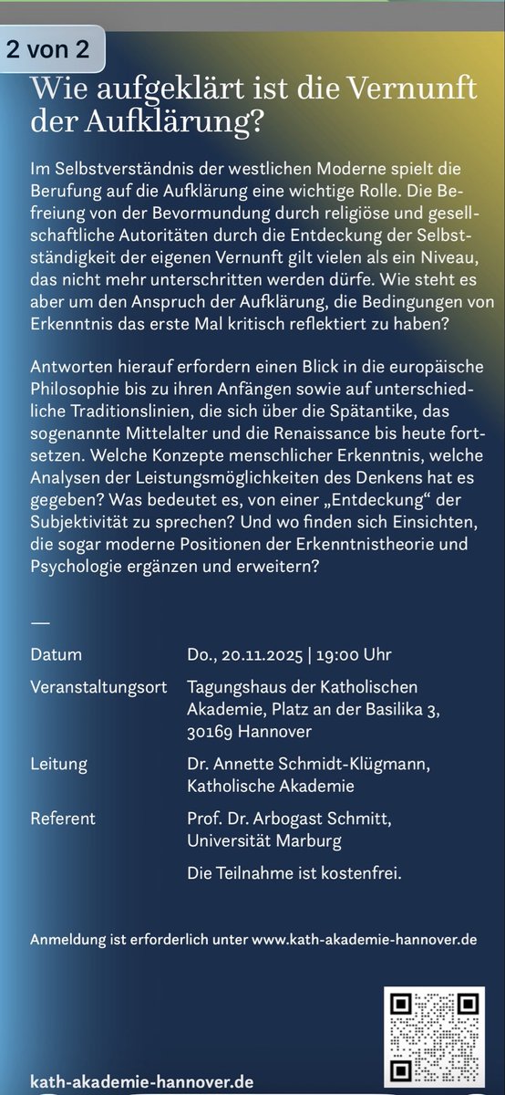 Vortrag von Arbogast Schmitt morgen in Hannover - mit Plädoyer angesichts der Dialektik der Aufklärung (inklusive eines bestimmten Technikgebrauchs bis zur Klimakrise) für einen integrativen Gebrauch der Vernunft (auch Gefühle sind vernünftig!) im Anschluss an Aristoteles