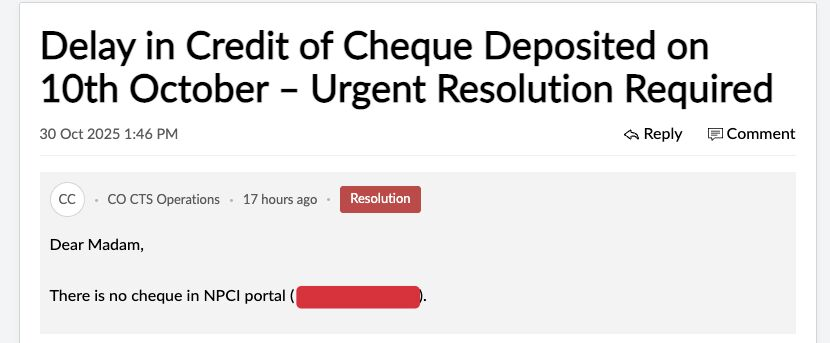 trader_dinesh07's tweet image. Cheque deposited 10 Oct.
Debited 13 Oct.

Still not credited on Day 39.

Grievance #32107397 closed &amp;amp; resolution: “No cheque in NPCI portal.”

Branch says cheque is fine.

Money is missing.

Amazing service, truly. @UnionBankTweets @RBI @RajKiranRaiG 

x.com/UnionBankTweet…