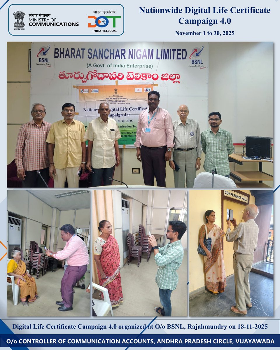 Dot_CCA_AP's tweet photo. O/o CCA-AP organized a DLC camp at O/o BSNL, Rajahmundry under Nationwide Digital Life Certificate Campaign 4.0. The event emphasized awareness of the Jeevan Pramaan app through face authentication technology. #DLC #PensionerServices #ccaap
@DOPPW_India
@DoT_India
@ControllerDot https://t.co/g0JD9XuYAL