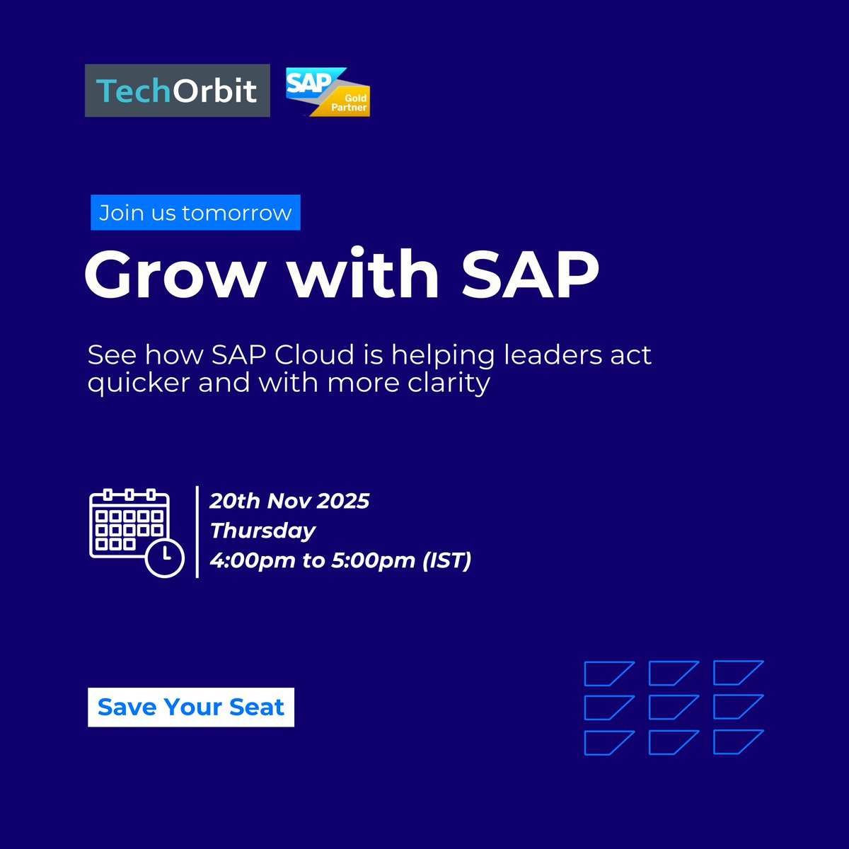 TechorbitL's tweet image. Countdown’s on! 
Our Grow with SAP webinar goes live tomorrow at 4 PM.

See how industries are solving operational challenges and moving forward without heavy IT spend.

Save your spot now: tinyurl.com/3m79db78

#Webinar #GrowWithSAP #SAPwebinar #TechOrbit