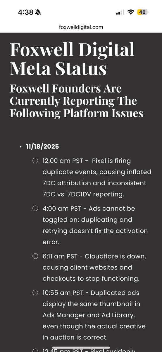 Introducing: Foxwell Status
Foxwelldigital.com/status

We will update status of reported issues from Founder members daily, starting today. It also pulls an RSS from Meta issues that are reported.

I built this as a love letter to <a href="/herrmanndigital/">David Herrmann</a>