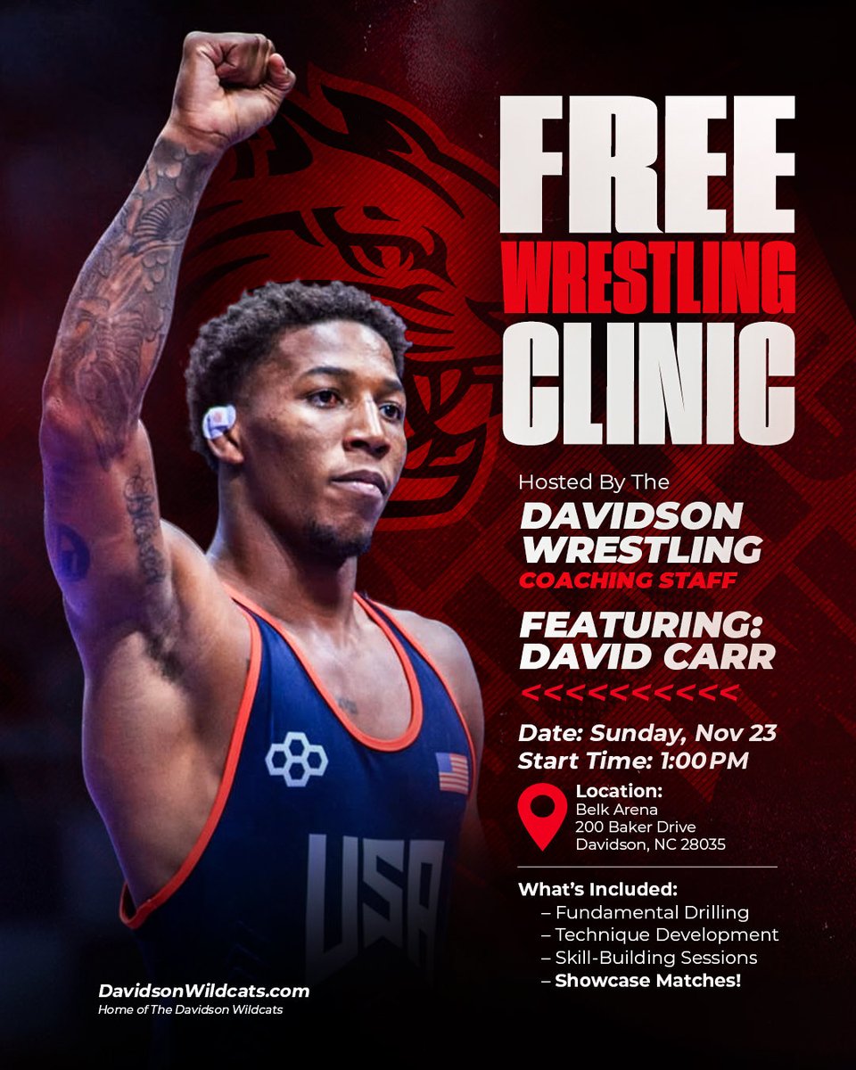 Wildcat Country, we are excited to announce that before our White Out dual against Purdue, we will be hosting a free pre-match clinic featuring our coaching staff and 2x NCAA Champion <a href="/Carrchamp/">David Carr</a> 
Following the clinic, David we will be signing posters.

📍 Belk Arena
⏱️ 1:00 PM