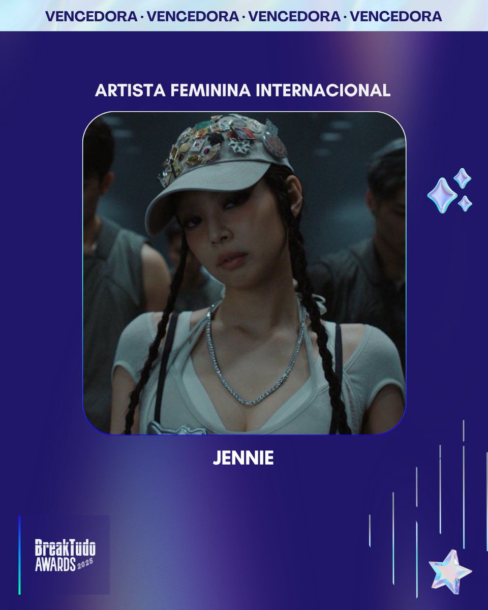 breaktudoawards's tweet image. JENNIE (@jennierubyjane )✨ levou o prêmio na categoria Artista Feminina Internacional 🏆 no BreakTudo Awards 2025

Parabéns a JENNIE e aos fãs BLINKS que votaram!!!
#BreakTudoAwards #JENNIE
bit.ly/4oJLFqx