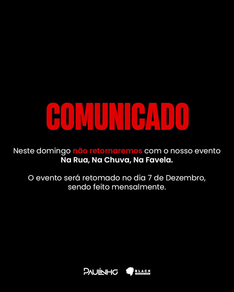 Fala, meu povo!
Esse mês de NOVEMBRO não teremos nosso evento, iremos retornar dia 7 de dezembro.

Espero todos vocês!