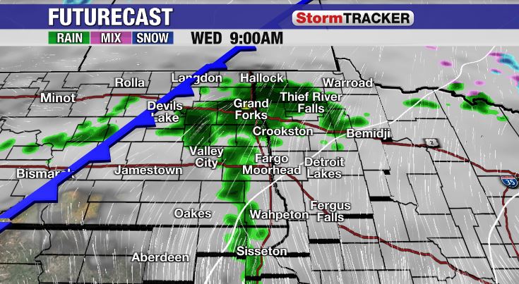 Increasing clouds tonight come ahead of scattered showers for Wednesday. It's not a washout, but you'll want to have the umbrella ready, especially in the mid-morning to early afternoon for the RRV. Highs reach the mid to upper 40s in the Valley ahead of a cold front. #ndwx #mnwx
