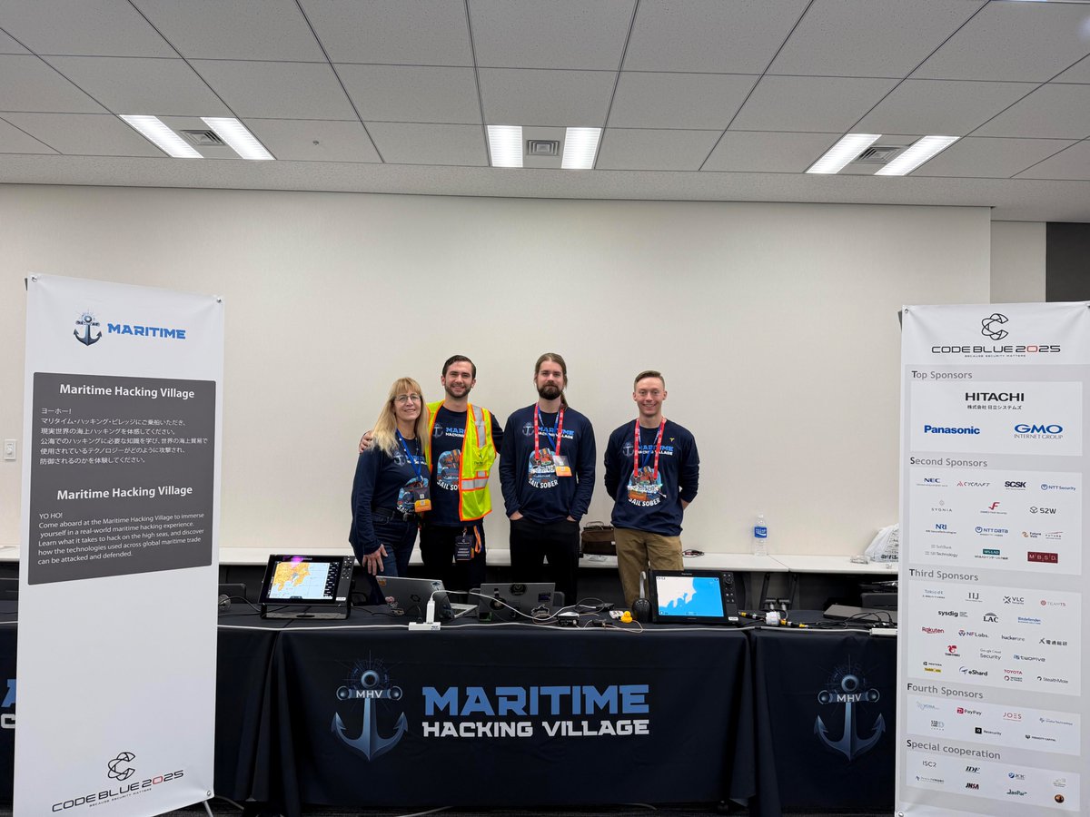 MaritimeVillage's tweet image. 🏴‍☠️🚨Yo ho! We had a great Day 1 at CODEBLUE 2025 @ Tokyo. Alongside @DC_BHV , @ICS_Village, @SecureAerospace, and @CarHackVillage, we lashed up with 2,500 participants from across Japanese industry and government to share an immersive maritime hacking experience.

#codeblue…