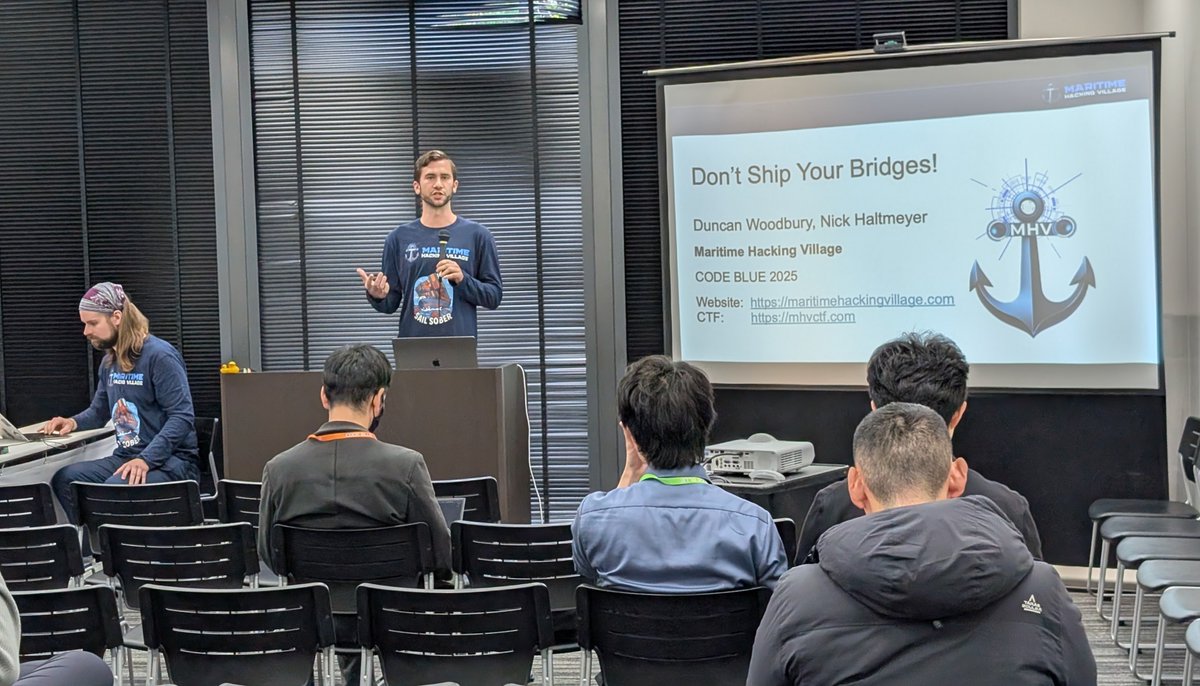 MaritimeVillage's tweet image. 🏴‍☠️🚨Yo ho! We had a great Day 1 at CODEBLUE 2025 @ Tokyo. Alongside @DC_BHV , @ICS_Village, @SecureAerospace, and @CarHackVillage, we lashed up with 2,500 participants from across Japanese industry and government to share an immersive maritime hacking experience.

#codeblue…