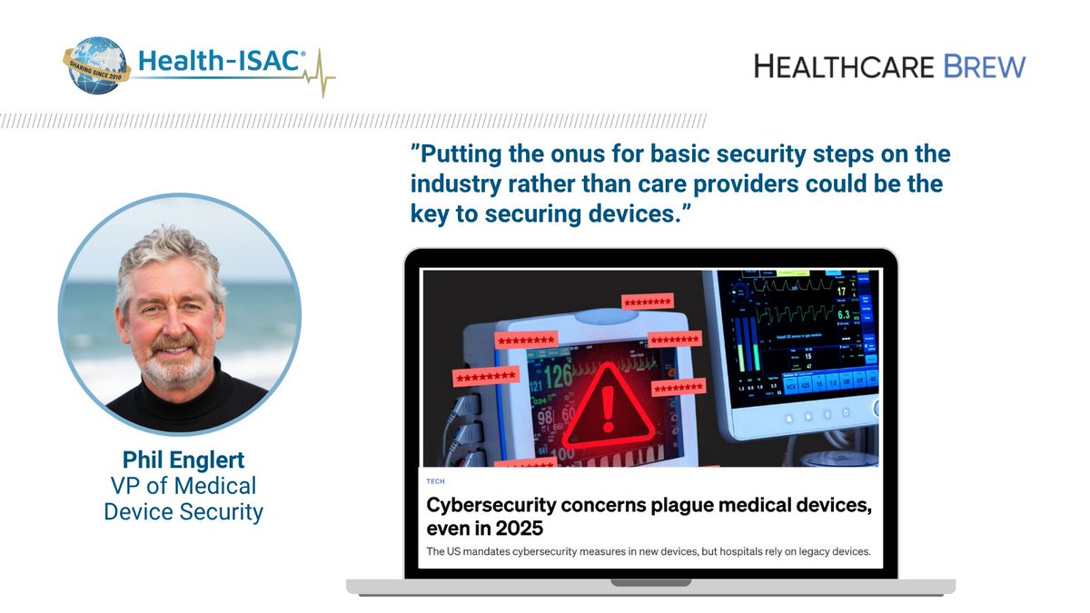 HealthISAC's tweet image. The US mandates cybersecurity measures in new devices, but hospitals rely on legacy devices. When hackers target healthcare systems, medical devices can be high-impact casualties. health-isac.org/cybersecurity-…

#medicaldevices #clinicalengineering #softwarearchitecture #healthTech