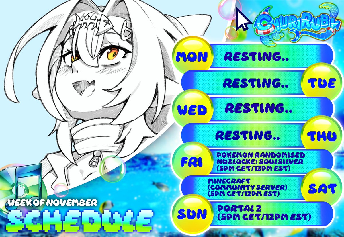 churirubyVT's tweet image. 🛟 WEEKLY STREAM SCHEDULE 🛟

FRI: RANDOMISED POKEMON NUZLOCKE: SOULSILVER | 5PM CET/12PM EST
SAT: MINECRAFT: COMMUNITY SERVER | 5PM CET/12PM EST
SUN: PORTAL 2 | 5PM CET/12PM EST

Birthday weeks over… back to our usual stuff!~ &amp;gt;:3