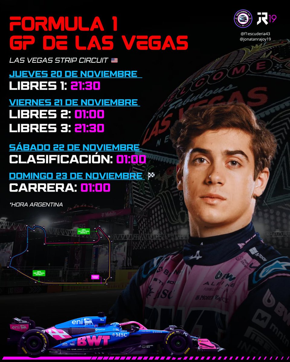 jonirajoy's tweet photo. ¡ESTAMOS EN SEMANA DE CARRERA! 🏁
Estos son los horarios del GP de Las Vegas 🇺🇸 correspondiente a la fecha 22 de la Fórmula 1, a desarrollarse en el circuito callejero de Las Vegas. Colapinto estará a bordo del Alpine A525. ¡Vamos Franco! 🇦🇷 #colapinto #f1 #formula1 https://t.co/3IfIlOtoze