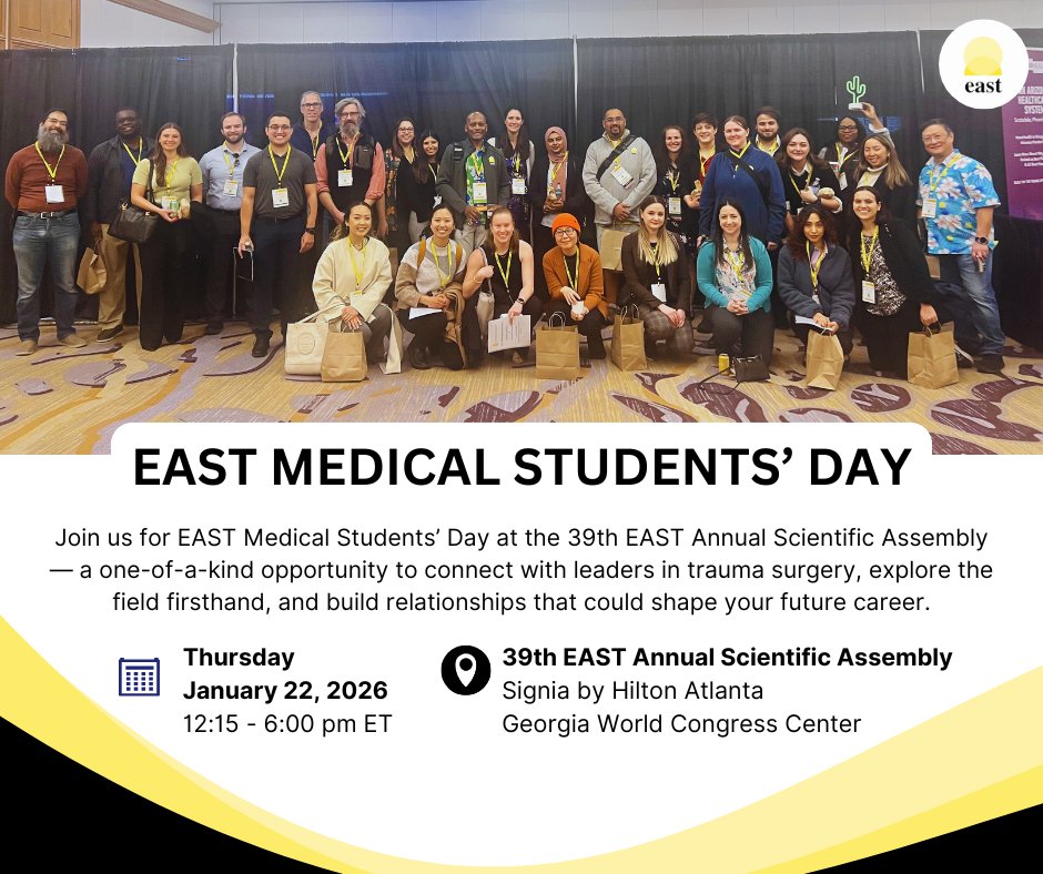 EAST_TRAUMA's tweet image. 🚨 Med students! Heading to #EAST2026?
Don’t miss Medical Students’ Day on Jan 22 in Atlanta!
👥 Meet trauma surgeons
📚 Attend sessions
📝 RSVP by Dec 19: bit.ly/4q4pQD4
#TraumaSurgery #MedTwitter #FutureSurgeons #MedStudentLife #SurgicalEducation #CareerInSurgery…