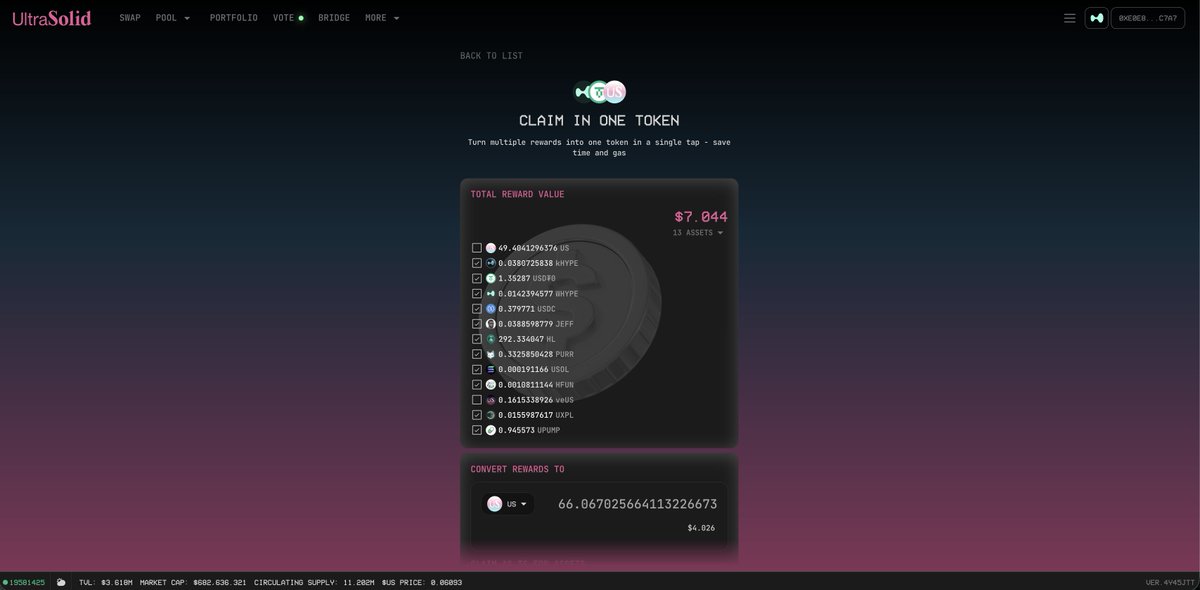 ultrasolid_hl's tweet image. Provide Liquidity on UltraSolid and earn $US on Hyperliquid.

APR ranges from 300% to 2000%, depending on the pairs you provide liquidity for.

What can you do with $US token?
1️⃣ $US can be converted to $veUS at a 1:1 ratio when at peg and is irreversible. During a depeg, you’ll…