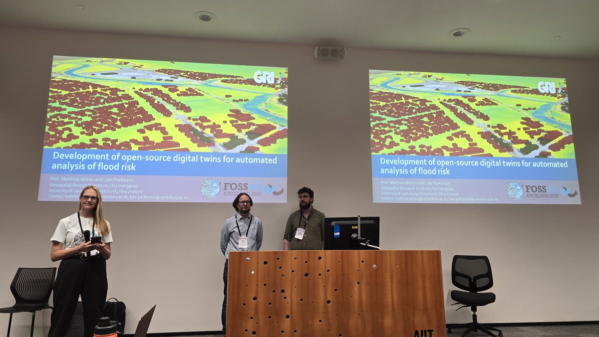 GRI Director, Matthew Wilson and GRI Geospatial Developer, Luke Parkinson gave a talk entitled Development of open-source digital twins for automated analysis of flood risk at the #FOSS4G 2025 this week in Auckland #opensource #geospaital #digitaltwin