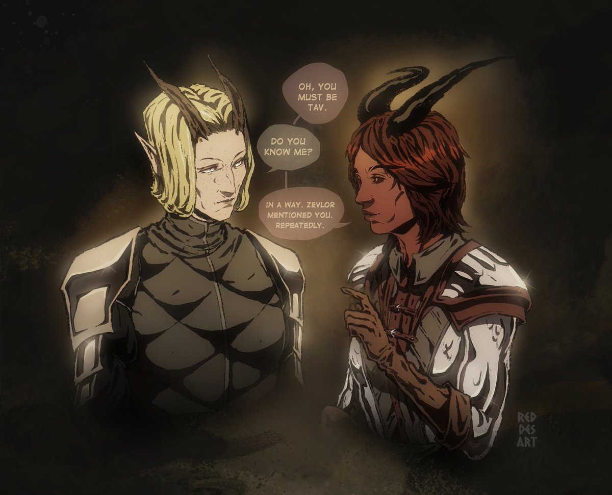 RedDesArt1's tweet photo. Oh, these two traumatized workaholiks again. 
I also had extra fun drawing Tav in her black&amp;white outfit.
#bg3 #tavbg3 #baldursgate3 #zevlorbg3 #dnd https://t.co/5qaM6yBcMC