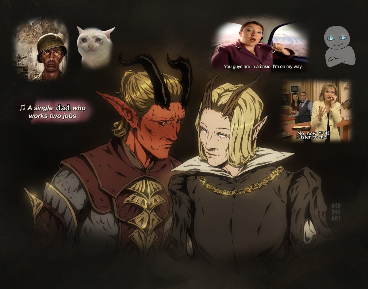 RedDesArt1's tweet photo. Oh, these two traumatized workaholiks again. 
I also had extra fun drawing Tav in her black&amp;white outfit.
#bg3 #tavbg3 #baldursgate3 #zevlorbg3 #dnd https://t.co/5qaM6yBcMC
