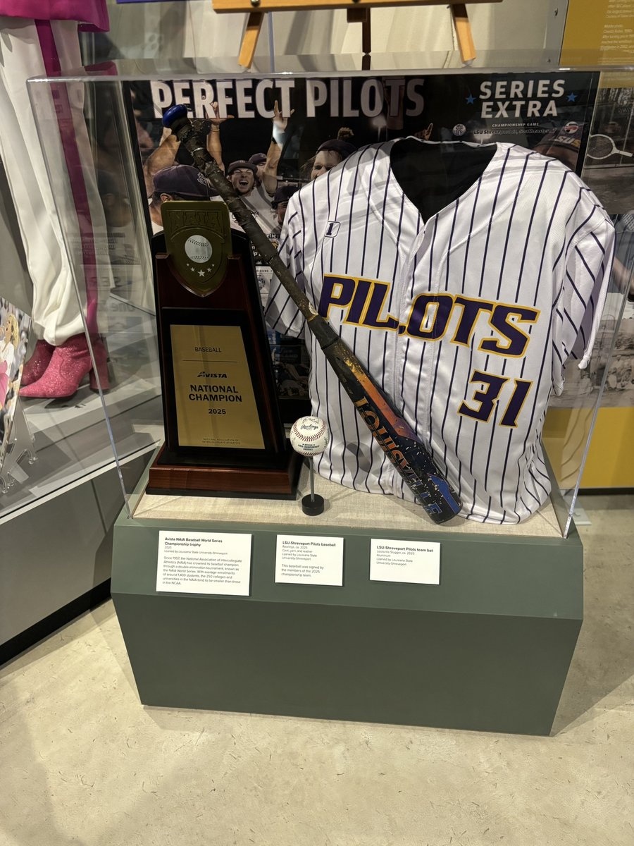 LSUSathletics's tweet photo. Pilots baseball sharing their experience of having completed the perfect 59-0 season in 2025 and winning their first NAIA National Baseball Championship at the Louisiana Sports Hall of Fame. A display has also been dedicated to the team.

#GeauxPilots #AnchorUp #TheRightWaytoPlay https://t.co/eY9ekDmc3R