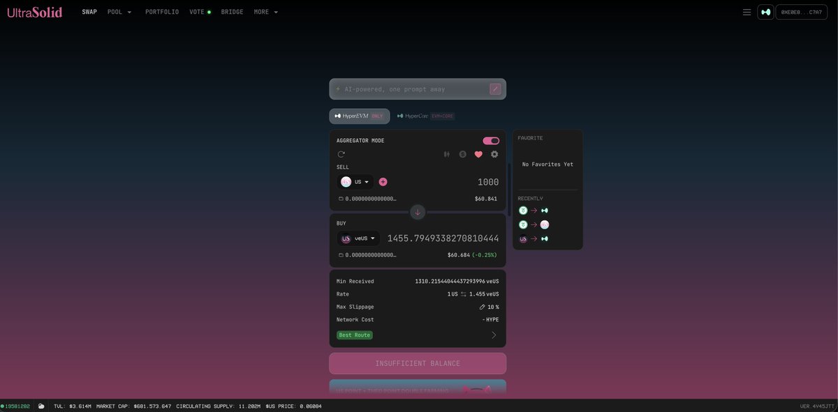 ultrasolid_hl's tweet image. Provide Liquidity on UltraSolid and earn $US on Hyperliquid.

APR ranges from 300% to 2000%, depending on the pairs you provide liquidity for.

What can you do with $US token?
1️⃣ $US can be converted to $veUS at a 1:1 ratio when at peg and is irreversible. During a depeg, you’ll…
