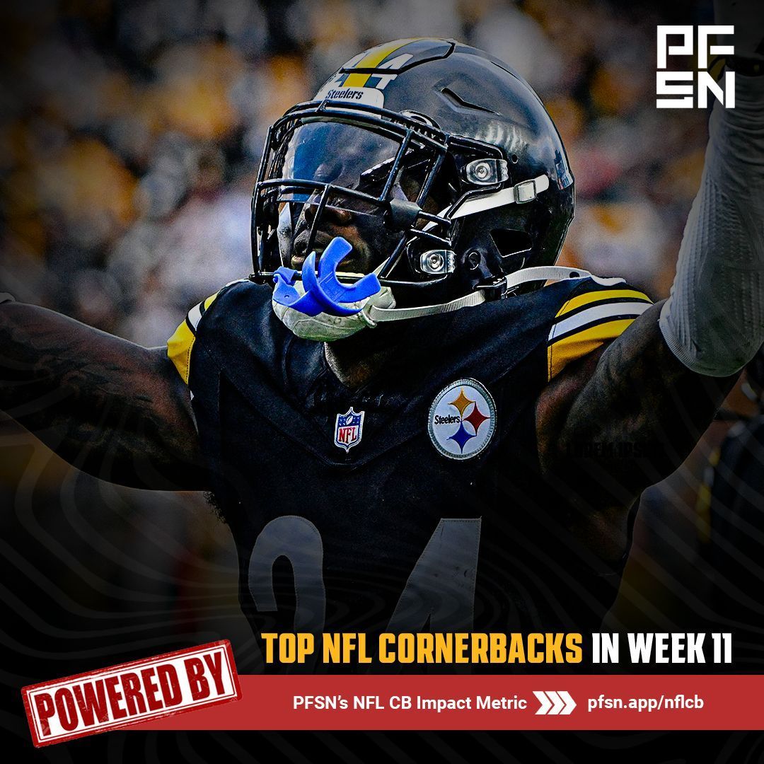 The top NFL cornerbacks in Week 11, according to PFSN's CB Impact Metric ⤵

84.1 | Joey Porter Jr., PIT
82.2 | Quinyon Mitchell, PHI
82.0 | Mike Jackson, CAR
81.9 | Jack Jones, MIA
81.6 | Chidobe Awuzie, BAL
81.5 | Christian Braswell, JAX
81.5 | Derek Stingley Jr., HOU
81.2 |