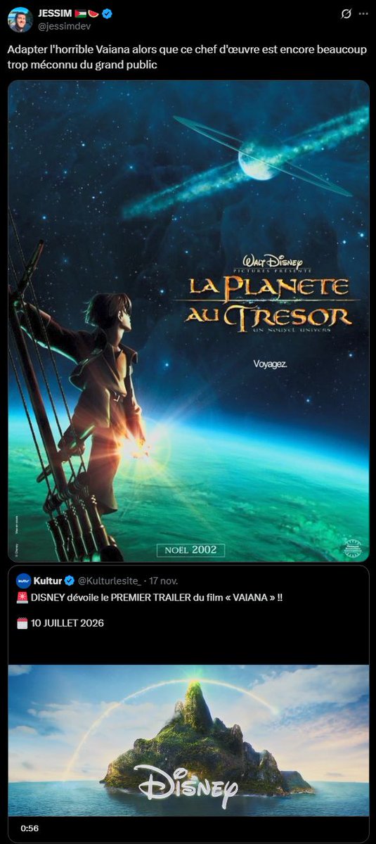 regelegorila's tweet photo. La raison pour laquelle Vaiana est adaptée : 
- $643M au box-office pour le 1
- $1059M au box-office pour le 2
- 1,4 milliards d'heures de visionnages (735M de vues) sur Disney+ pour le 1 (pic en 2024)
- merchandise hors du commun (pas de chiffres)

La raison pour laquelle La Planète au Trésor n'est pas adaptée (même si ça devrait) : 
- $109 au box-office
- $64M en DVD
- dépenses estimées du projet : $180M

Triste mais Disney n'a jamais aimé ce film (de même pour Atlantide).