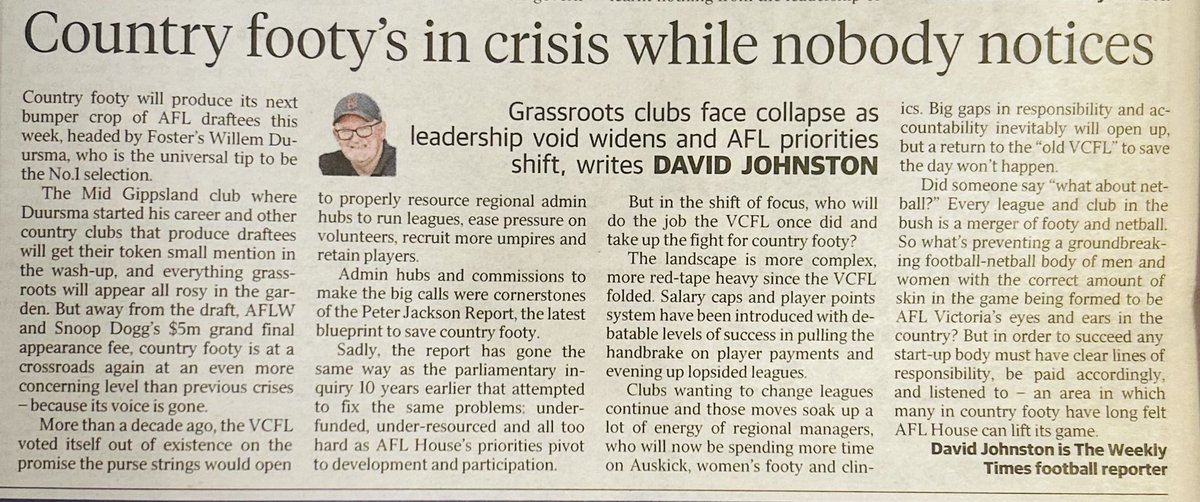 JackieNOONS's tweet photo. A sharp & timely read via @david_johnston5 #WeeklyTimes 👏 While the rest of the country keeps an eye on the big league, this reminds us that the real heartbeat of footy is out bush👇#CountryFooty #Grassroots https://t.co/K2PYSnn3CS