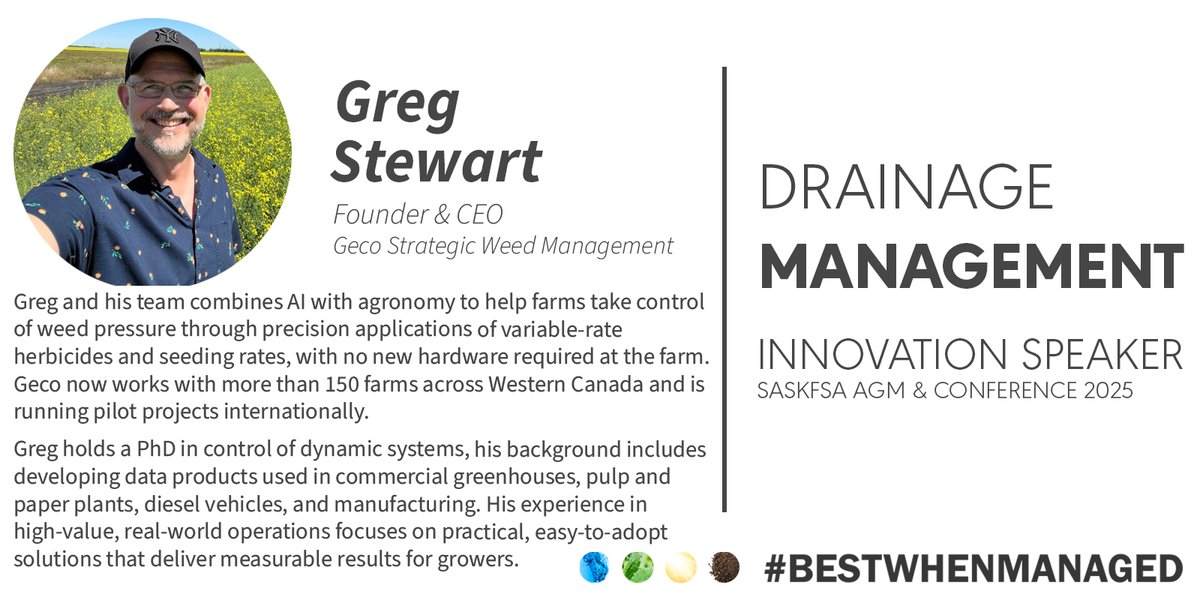 COMING UP ✴️ SaskFSA AGM &amp; Conference NOV 25. GECO AI Weed Prediction Mapping - How drainage &amp; technology can target kochia hotspots with customized spray maps! 7 Days &amp; counting! 

Register HERE - bit.ly/4821NNc #BestWhenManaged #SKAg