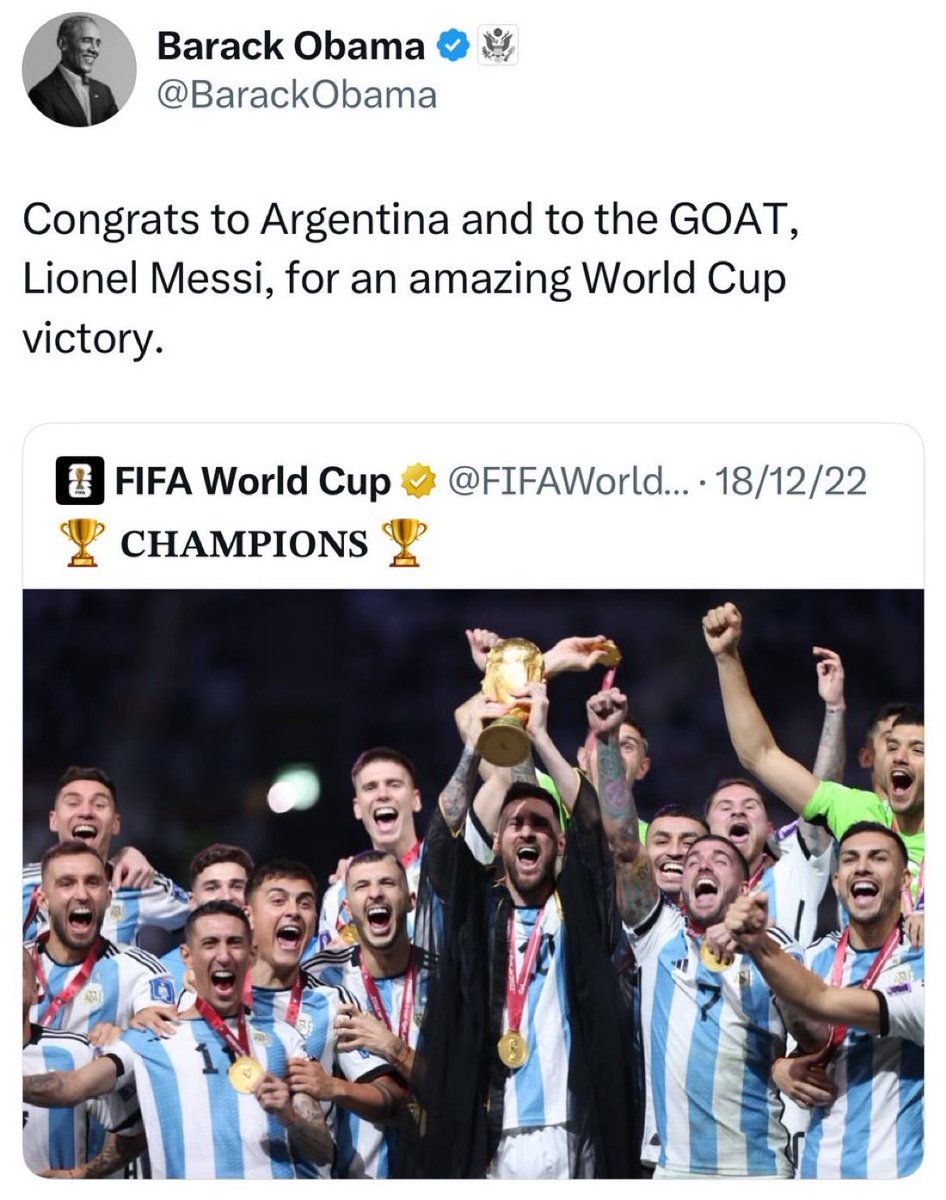 هنئه اوباما ووصفه بالقوت بعد التتويج في المونديال 
منحه بايدن اعلى وسام في امريكا ولم يهتم ويحضر 

ميسي ختم كرة القدم في اطار كرة القدم .. كان دائما بعيداً عن السياسة 

احياناً عندما تشعر بالحرمان .. تبحث عن الفتات 
عندما تشعر بأنك لا تملك شيء .. تبحث عن اي شيء 

هذا حال