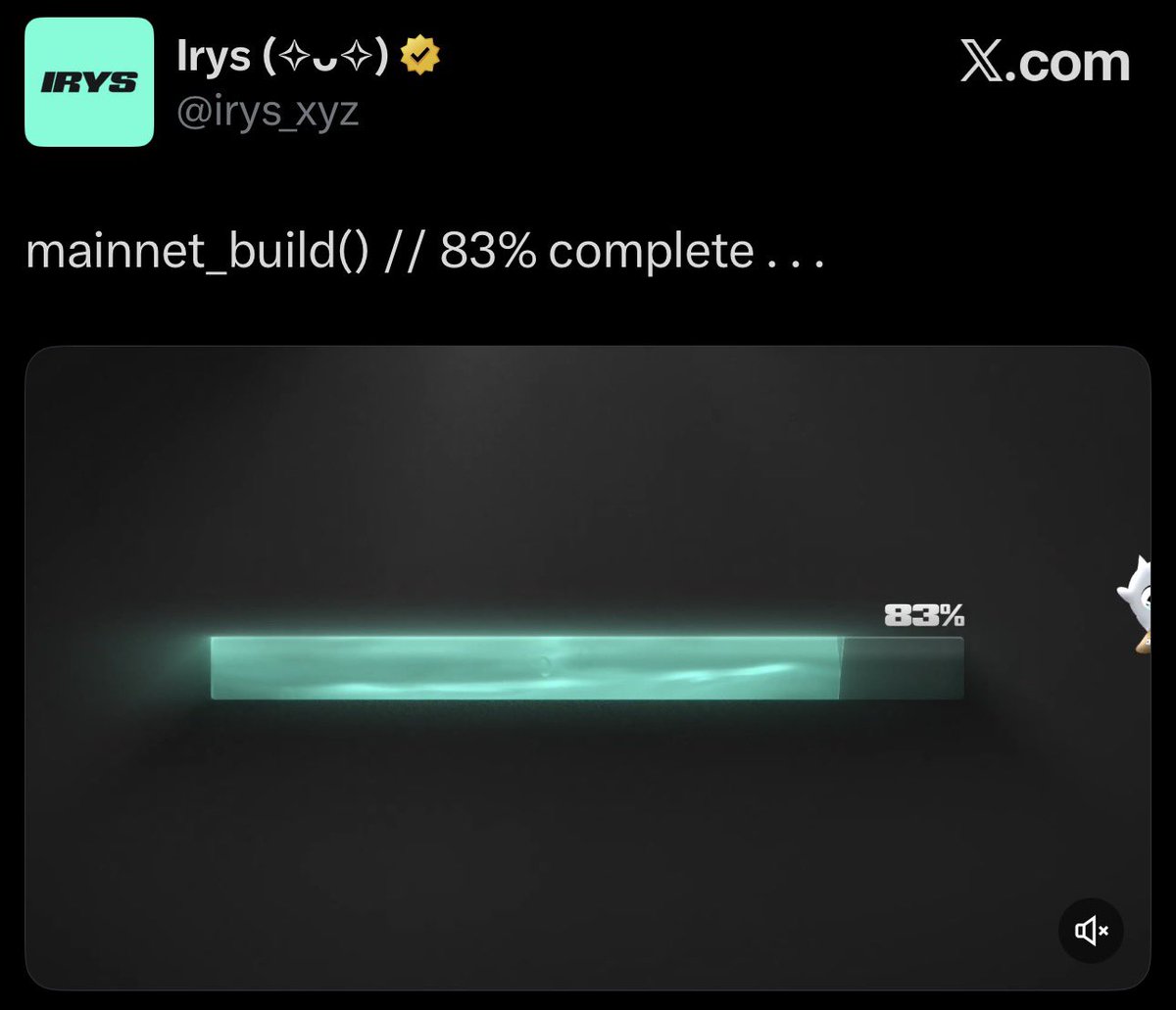 loading progress from 69% to 83% in 12 days.
<a href="/irys_xyz/">Irys (✧ᴗ✧)</a> 's programmable knchain storage is finally coming alive!

at this pace, we'll be able to see the mainnet launch in about two weeks hahaha

early Dec seems feasible :)