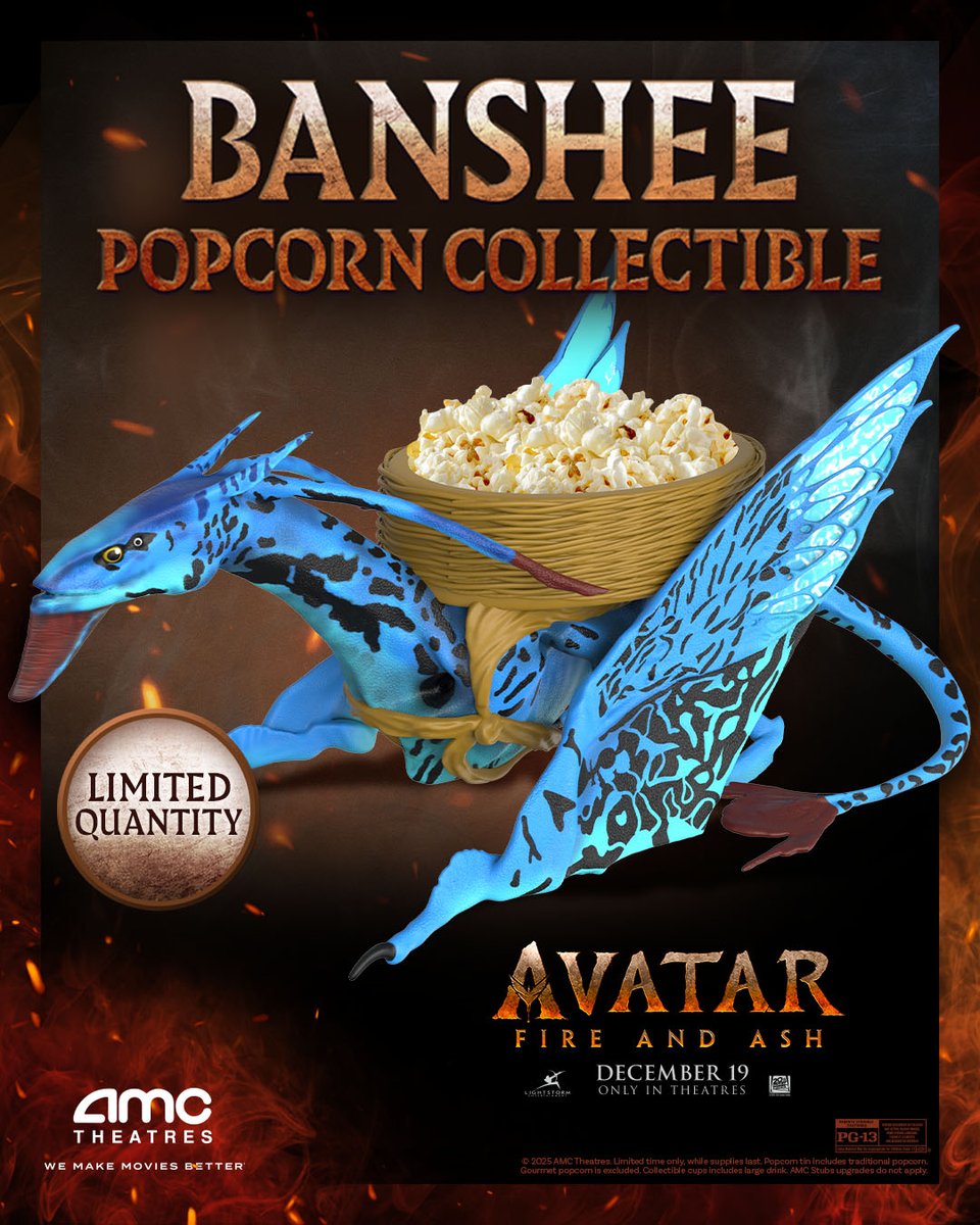 AMCTheatres's tweet image. Get our limited-edition banshee popcorn collectible when you see the film. Follow your rite of passage and tame your hunger with this otherworldly collectible, available 12/18 while supplies last! bit.ly/4i6IEy3