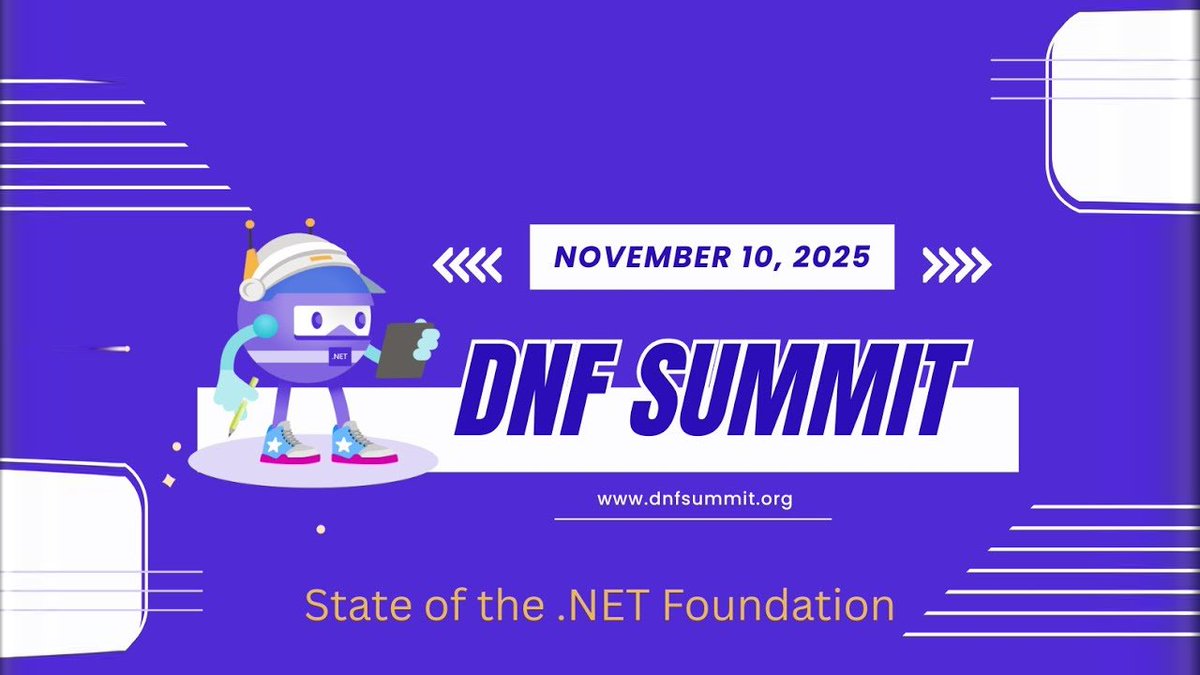 dotnet's tweet image. ...from the DNF Summit 2025, we get an overview of the .NET Foundation&apos;s current initiatives, community programs, and strategic direction for supporting the .NET open source ecosystem. Learn about recent developments, (cont) msft.it/l/6017tr2aF