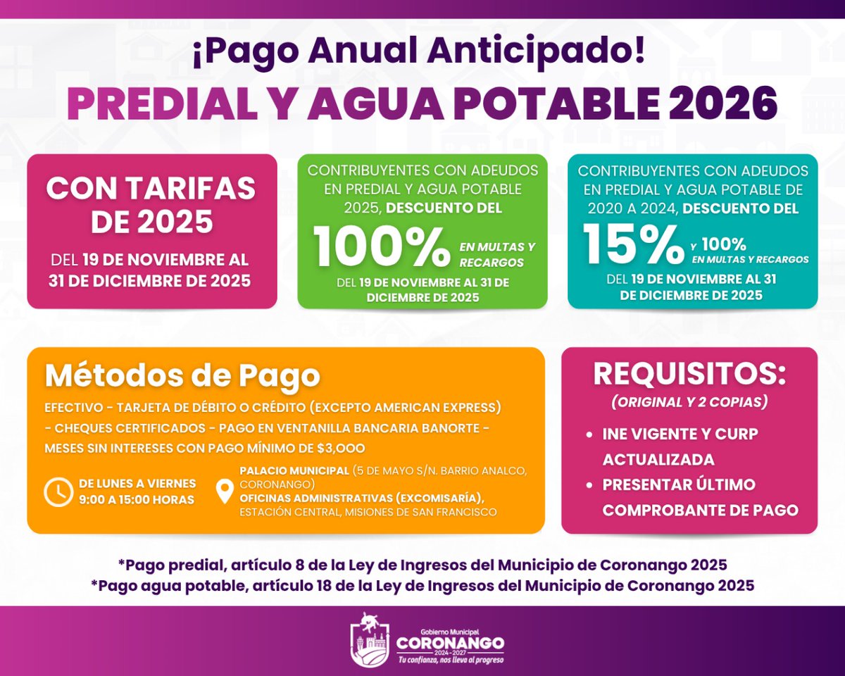Para realizar el pago de estos servicios, el Ayuntamiento de Coronango contará con dos oficinas recaudatorias ubicadas en la Presidencia Municipal (calle 5 de mayo S/N) y en la Unidad Administrativa (Ex comisaría) de Misiones de San Francisco (Estación Central).
