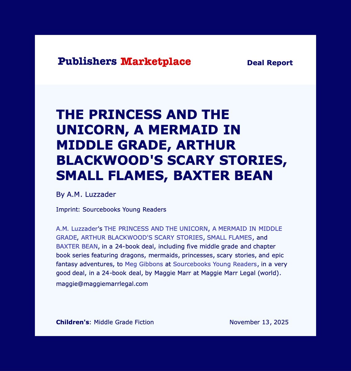 MaggieMarrLegal's tweet image. Congratulations A.M. Luzzader for this AMAZING deal!

Thank you for choosing Maggie Marr Legal PC to be your representative in this matter.

#AMLuzzader #Sourcebooks #YoungReaders #BookDeal #Author #EntertainmentAttorney #MaggieMarrLegal #MaggieMarrLegalPC