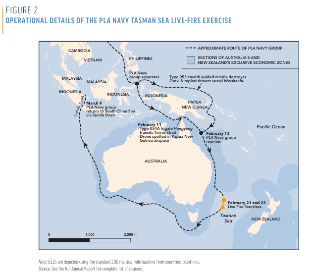 米議会諮問委員会「米中経済・安保調査委員会（USCC)」の年次報告書に掲載された、中国海軍（PLAN)の艦艇がオーストラリアを周回した航路。
オレンジ色の箇所が今年2月タスマン海で実弾射撃を行った場所。