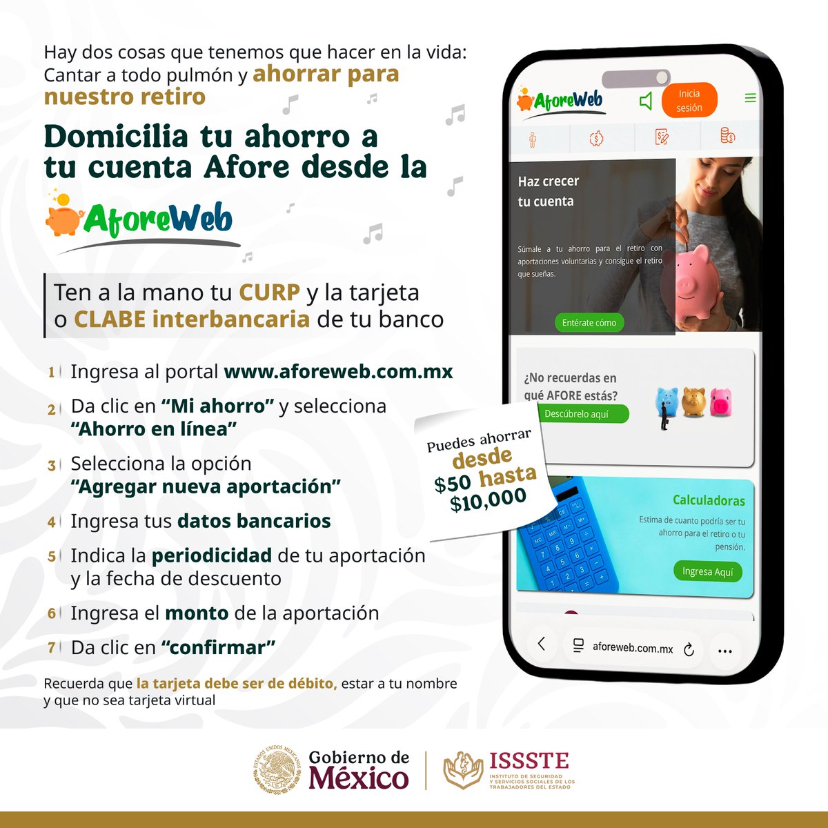 ISSSTE_mx's tweet image. 🗣️ Tres veces yo ahorré, tres veces yo ahorré, tres veces yo ahorré. 🎤

🎵 La primera por... la App Afore Móvil,
🎶 la segunda por... los CAP PENSIONISSSTE,
🎵 la tercera por... Afore Web 🤭

Y después de esas 3 veces, y después de esas 3 veces, lo quiero volver a hacer 🎙️

Así…