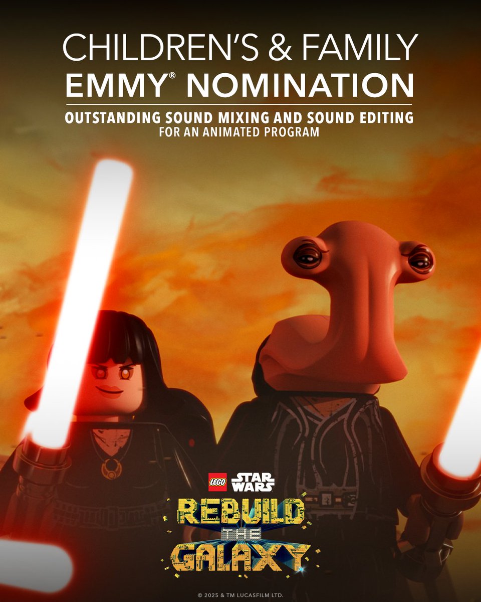 starwars's tweet photo. Congratulations to the cast and crew of LEGO Star Wars: Rebuild the Galaxy on their Children's and Family Emmy® nomination for Outstanding Sound Mixing and Sound Editing for an Animated Program. https://t.co/E5YYUlBhNn