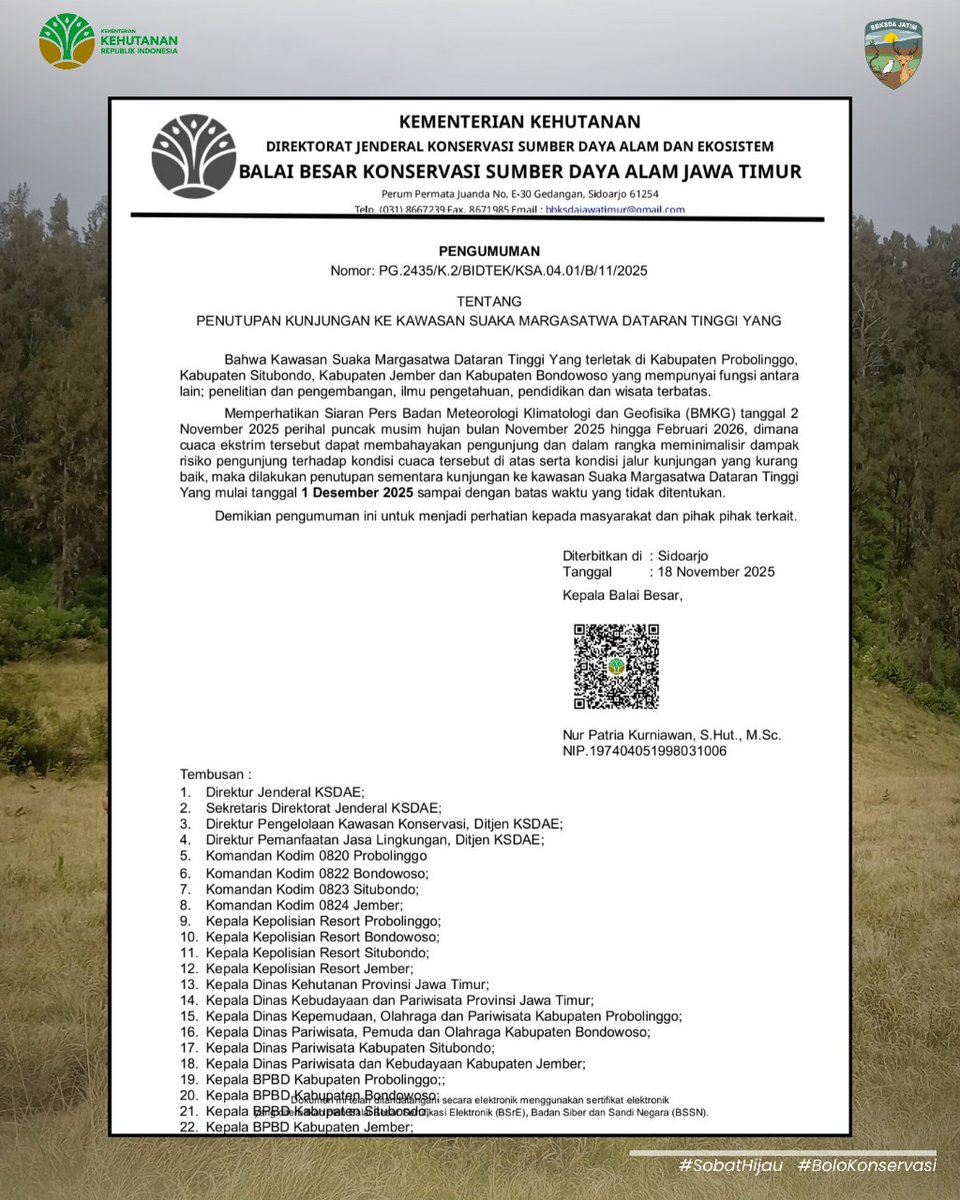 bbksda_jatim's tweet image. kawasan Suaka Margasatwa Dataran Tinggi  Yang / Gunugn Argopuro DITUTUP mulai tanggal 1 Desember 2025 sampai dengan batas waktu yang tidak ditentukan
@RajaJuliAntoni @kemenhut_ri @KominfoJatim 

#Rabu #pagii #Argopuro #Gunung #Ditutup #TimnasDay #Error #Bksda #Jawatimur