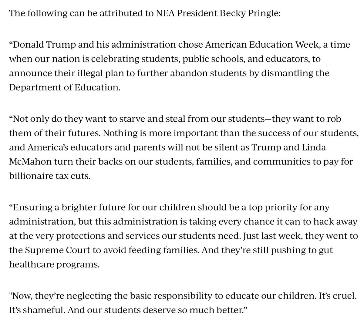 EDSecMcMahon's tweet image. “Stealing from students”? No. Opening up opportunity for more money to flow directly to students.

“Robbing their futures”? Crazy. Have you seen our nation’s reading and math scores recently?

“Neglecting the responsibility to educate our children”? Please. You know @usedgov…