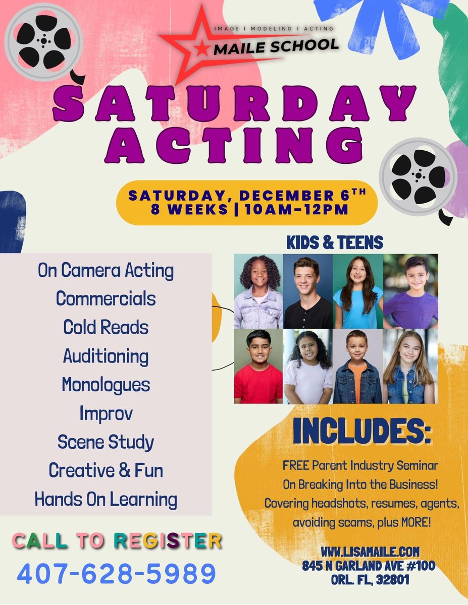 TheMaileSchool's tweet image. ✨ Take the stage (and the screen!) this holiday season!🎄
Our Saturday Acting Program for kids &amp;amp; teens begins 
Saturday, December 6th / 10am-12pm / 8 weeks 

🎥 On-camera work
🎭 Commercial acting
🎤 Audition techniques
Call📞 407-628-5989 to register 

#ActingForKids