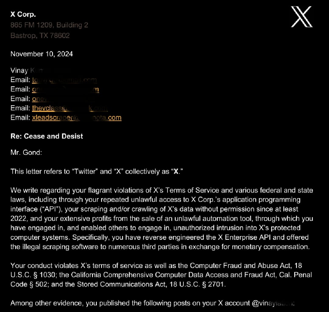 vvgond's tweet image. I made $500,000 in 6 months with a tool that scraped 2 MILLION X profiles per day.

Then I got a 13-PAGE CEASE-AND-DESIST letter.

I was banned. My business was terminated. And I learned the architecture of every bad scraper on the market is fundamentally wrong.

This is the…