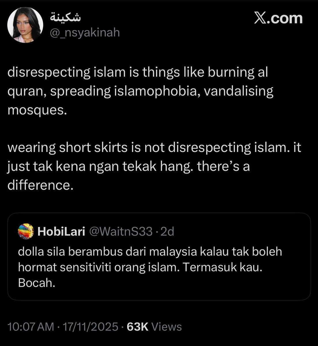 1. Tindik hidung
2. Tattoo rupa setan kat dada
3. Feminist

That’s all you need to know.

Perkara-perkara yang berdosa ;

1. Bakar Al-Quran
2. Hisap rokok
3. Tengok video lucah

Perkara-perkara yang tak berdosa ;

1. Pakai short skirt
2. Ukir tattoo kat dada
3. Tindik hidung
4.