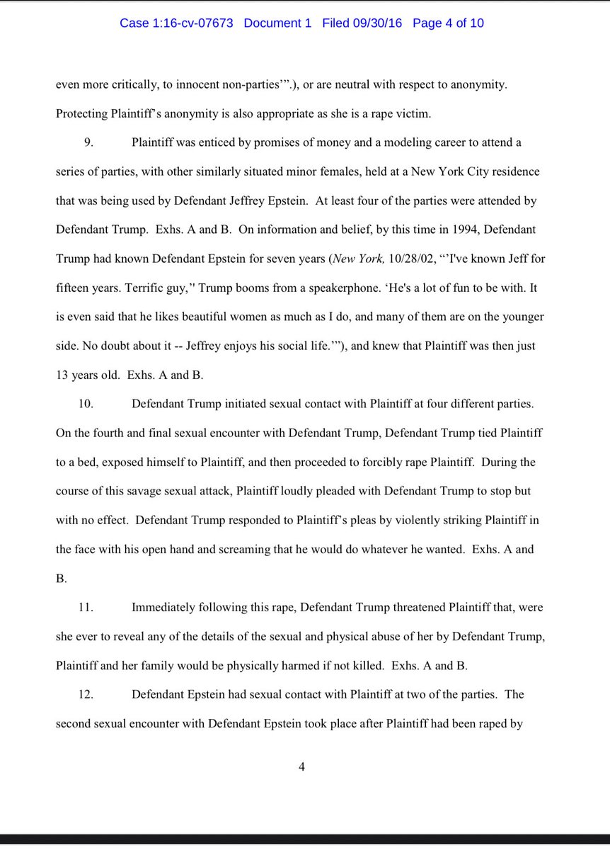 Here is one of the 13-year-old victims criminal complaint against Trump and Epstein. They raped her on the same night. One first, then the other. Read for yourself. I’m attaching images so no links and no weird videos.