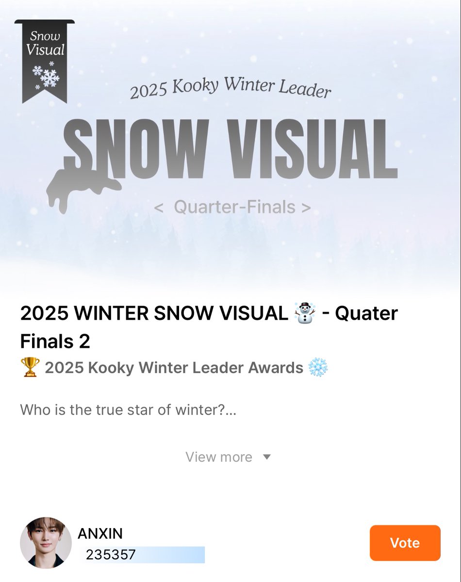 🗳️ | KOOKY UPDATE 251119

📢 Calling all Xinaris to vote here:

2025 Winter Snow Visual - Quater Finals 2

🎯 GOAL: MAINTAIN RANK 1🚨

CURRENT GAP FROM RANK 2: 12,020
⏳ NOVEMBER 19, 11 AM KST (ENDS IN 30 MINS)